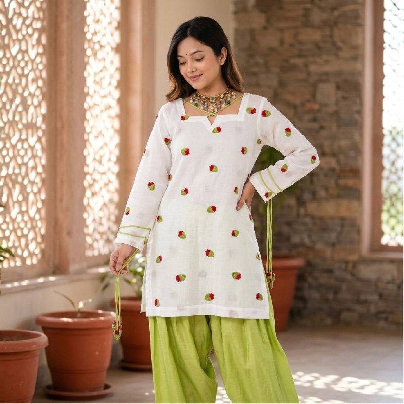 Ethereal Ivory White Short Kurti Adorned with Delicate Floral Embroidery and Tassel Detailing, Paired with a Vibrant Mehendi Green Salwar